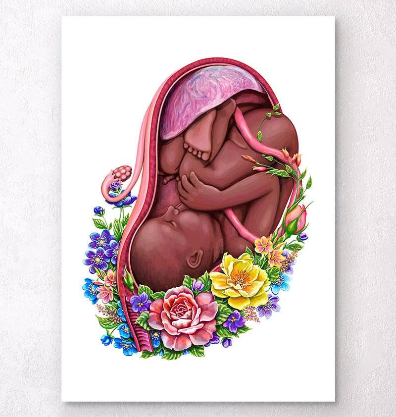 An artistic rendition of a brown baby in a uterus. The baby is curled up with its head lower than its feet. The base of the uterus is surrounded by flowers of many colors and types. The background is white.