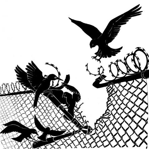 Black and white graphic of 5 birds clawing and tearing apart barbed wire fence 
