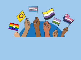 Illustration of raised hands holding Pride flags, including transgender, nonbinary, genderqueer, and rainbow flags, against a light blue background.